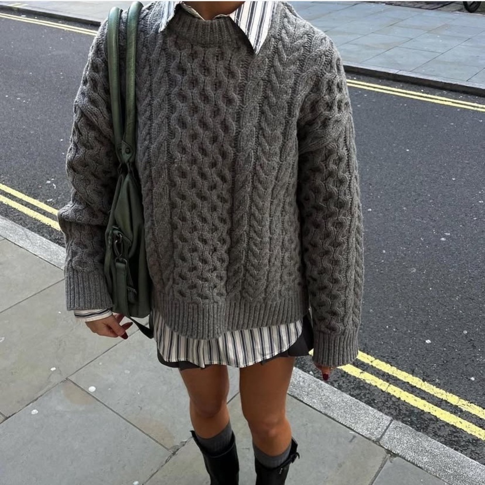 Hill House Kennedy Heather Grey Fisherman Cotton Knit Crewneck Sweater